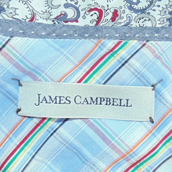 JAMES CAMPBELL Shirt, M, Blue Plaid, Short sleeves, Button down, Cotton - Picture 9 of 12
